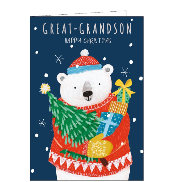 This special Christmas card for a special grandson is decorated with a cute polar bear, dressed in a matching bobble hat and jumper, with his arms full of Christmas gifts! Gold text on the front of the card reads 
