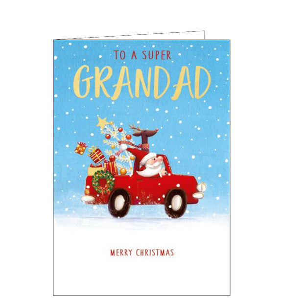 This cute christmas card for a special grandad is decorated with an illustration showing Father Christmas Rudolph the reindeer making their christmas eve deliveries - in a red pick-up truck. The text on the front of the card reads 