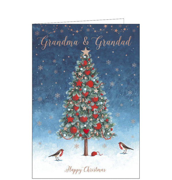 This cute Christmas card for special grandparents is decorated with an illustration showing a pair of robins standing beside a beautifully decorated Christmas tree. Copper text on the front of the card reads 
