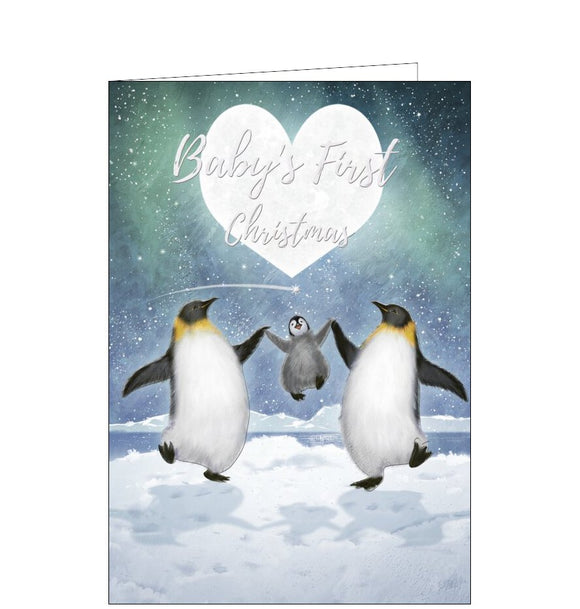 This lovely Christmas card is decorated with an illustration by Pip WIlson showing a family of penguins out enjoying the snow. Silver text on the front of the card reads 