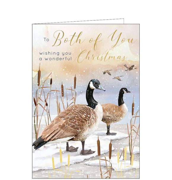 This elegant Christmas card is decorated with an illustration by Jane Sunner showing a flock of winter geese beside a frozen lake. The text on the front of the card reads 