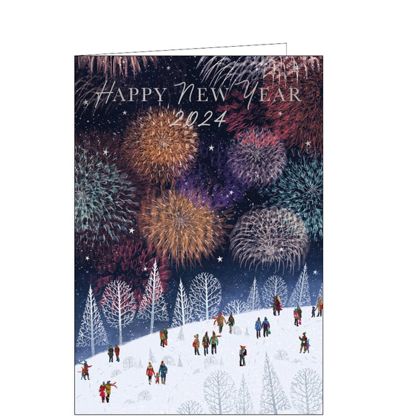 This dramatic new year card decorated with an illustration by Laura Watkins showing a snowy park on New Years Eve, full of people watching fireworks. Silver text on the front of the card reads 