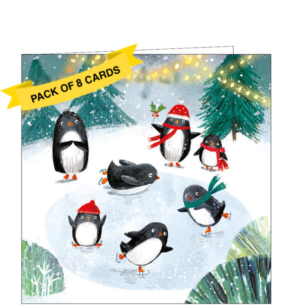 This pack of charity Christmas cards includes 8 cards of one design. The cards are decorated with an illustration by Ag Jatkowska showing a flock of cheerful penguins having an ice-skating party.
