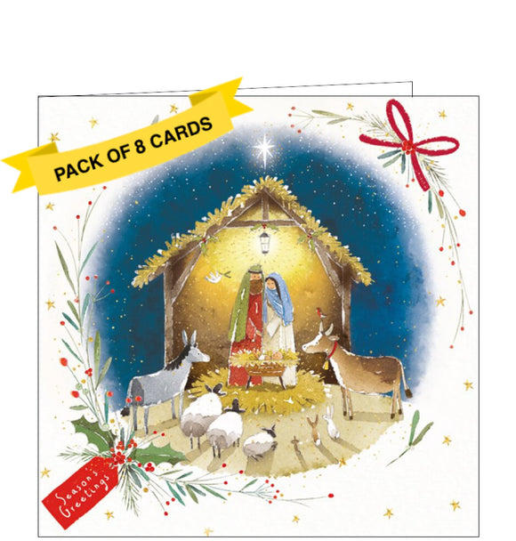 This pack of charity Christmas cards includes 8 cards of one design. The cards are decorated with an illustration by Roy Thompson showing  the scene of the nativity - with the star of Bethlehem shining down on the stable and all the animals gathered around to worship the infant Jesus.