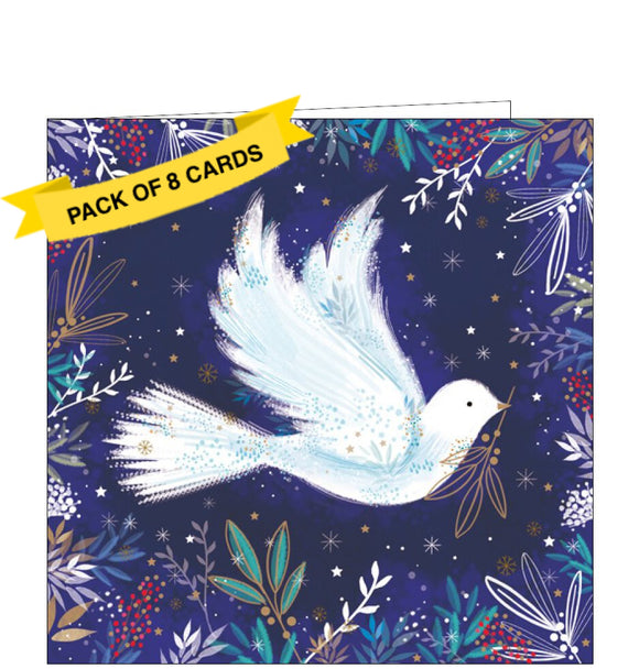 This pack of charity Christmas cards includes 8 cards of one design. The cards are decorated with detail from an illustration by Samantha Neville showing a dove, carrying an olive branch in its beak, flying though a starry winter sky.