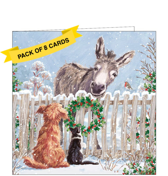 This pack of charity Christmas cards includes 8 cards of one design. The cards are decorated with an illustration by Pip Wilson showing a grey donkey making friends with a robin, a cat and a dog one winter morning.