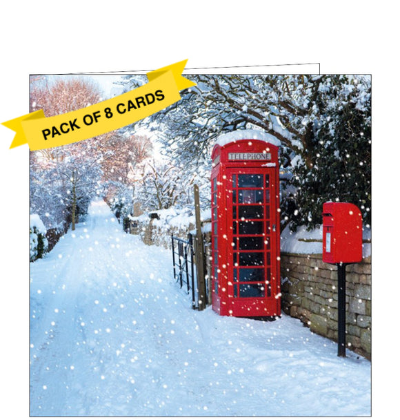 This pack of charity Christmas cards includes 8 cards of one design. The cards are decorated with a photograph showing a snow-covered country lane, with an iconic red phonebox and a postbox.