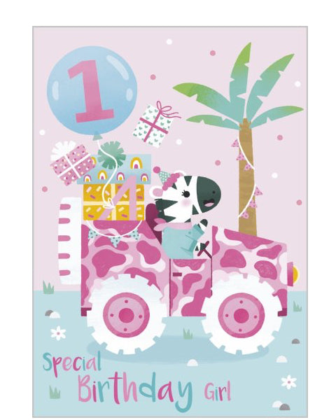 This bright, lively birthday card for a special girl's 1st birthday is decorated with a cartoon of a zebra driving a pink leopard-print jeep loaded with presents!!! The text on the front of the card reads 