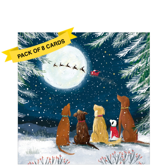 This pack of charity Christmas cards contains 8 cards of one design. The front of the cards are decorated with a cute scene of five dogs - of differing breeds - sitting together in a snowy field, watching Santa's sleigh pass in front of the full moon.