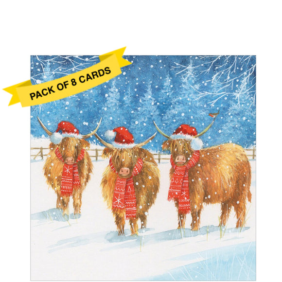 This pack of charity Christmas cards contains 8 cards of one design. The front of the cards are decorated with a wonderful  sketch of Highland cows in the snow wearing red hats and scarves.