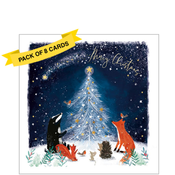 This pack of charity Christmas cards contains 8 cards of one design. The front of the cards are decorated with a wonderful illustration of small woodland creatures gathering around their decorated Christmas tree.