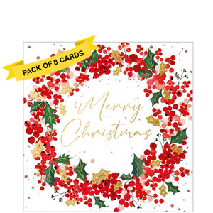 This pack of charity Christmas cards contains 8 cards of one design. The front of the cards are decorated with a traditional red holly berry wreath surrounding gold script that reads "Merry Christmas".