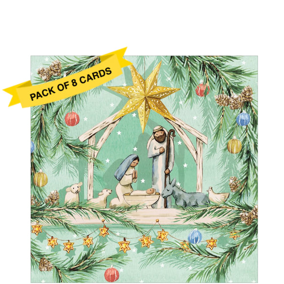 This pack of charity Christmas cards contains 8 cards of one design. The front of the cards are decorated with an illustration of a small nativity set amongst festive foliage and lights.