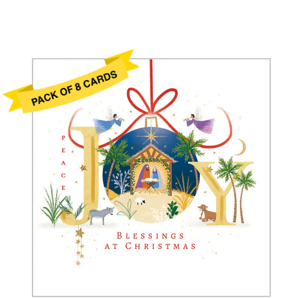 This pack of charity Christmas cards contains 8 cards of one design. The front of the cards are decorated with an illustration of a small nativity scene within a bauble. The text on the front of the cards reads 