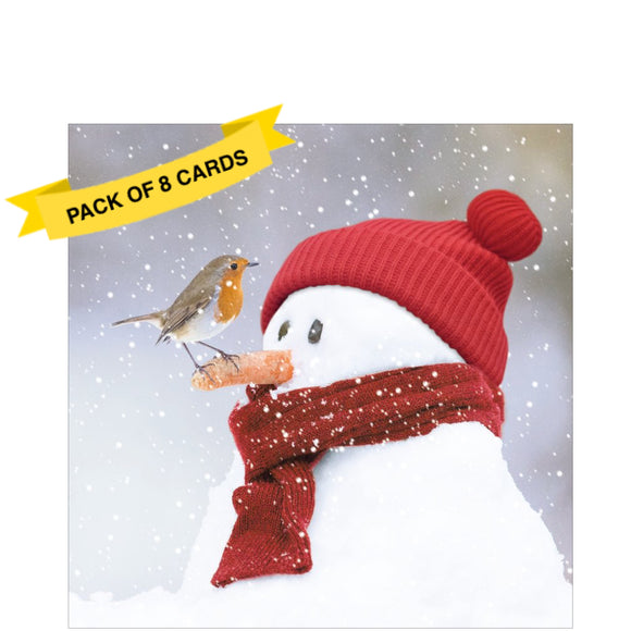 This pack of charity Christmas cards contains 8 cards of one design. The front of the cards are decorated with a wonderful photograph of a friendly robin is saying hello to a cheerful snowman.