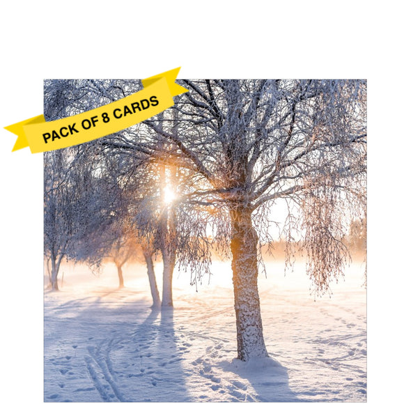 This pack of charity Christmas cards contains 8 cards of one design. The front of the cards are decorated with a wonderful photograph of a beautiful snowy scene to put you in a festive mood.