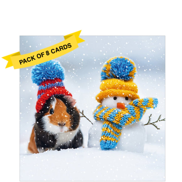 This pack of charity Christmas cards contains 8 cards of one design. The front of the cards are decorated with a cute photograph of a guinea pig in a tiny sitting beside a snowman friend in a matching hat and scarf.