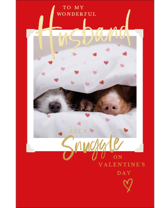 It doesn't come sweeter than this--two canine noses snuggled under a heart-scattered duvet. Gold text on the front of this Valentine's card reads 