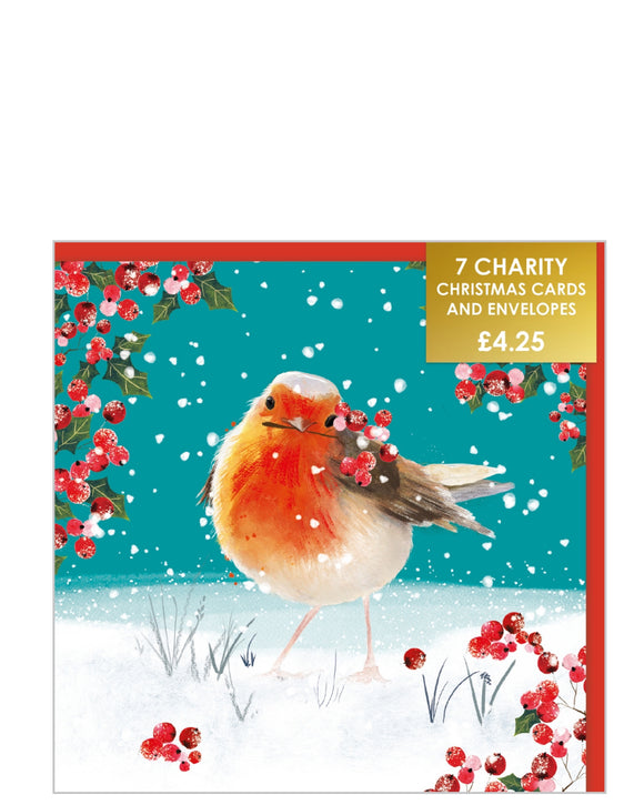 Robin and red berries - Pack of 7 charity Christmas cards