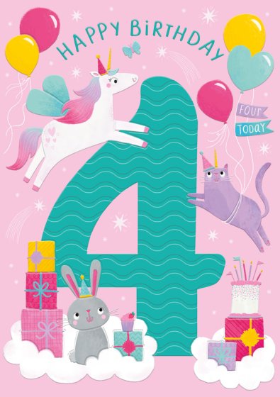 Unicorn and Cats - 4th Birthday card