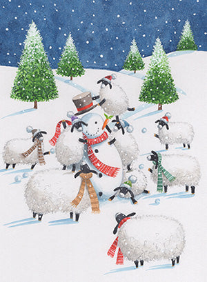 Sheep with snowman - Pack of 8 Charity Christmas cards