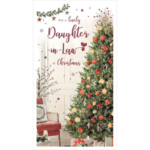 Featuring an illustration of a cozy mid-century velvet chair next to a beautifully decorated Christmas tree, this card is perfect for a beloved daughter-in-law. Red text on the front of the card reads "For a lovely Daughter-in-Law at Christmas".