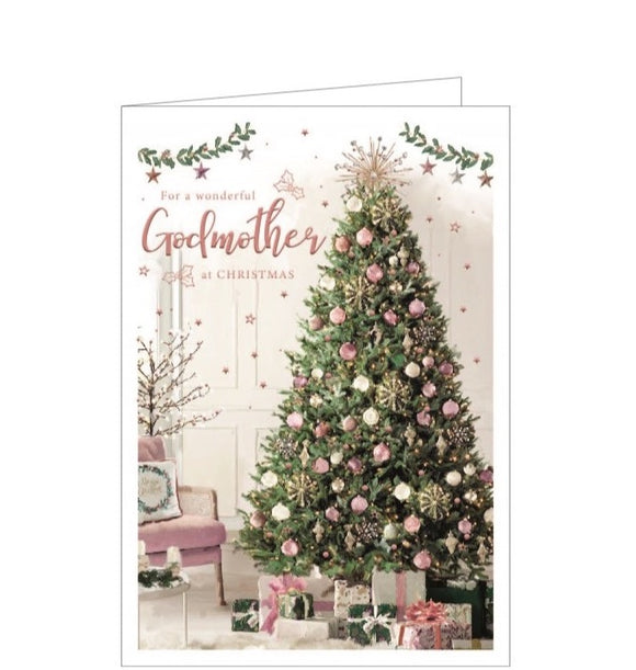 This Christmas card for a special godmother is decorated with a christmas tree adorned with pink, white and gold baubles. Rose-gold text on the front of the card reads 