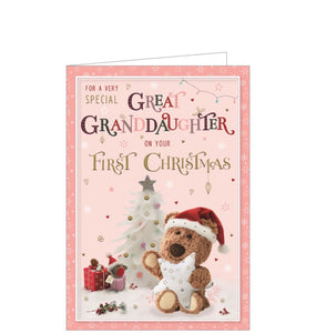  This Christmas card for a special great-granddaughter is decorated with cute little Barley the Brown Bear dressed in a santa hat, hugging a silver star. The text on the front of the card reads "For a very special Great Granddaughter on your First Christmas"