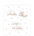This adorable birthday card for a special aunty is decorated with a little mouse sitting on a bench holding a single flower. The text on the front of the card reads "For an extra special Auntie. You're such a wonderful Auntie and you're wished the very best birthday you've ever had!"
