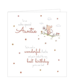 This adorable birthday card for a special aunty is decorated with a little mouse sitting on a bench holding a single flower. The text on the front of the card reads "For an extra special Auntie. You're such a wonderful Auntie and you're wished the very best birthday you've ever had!"