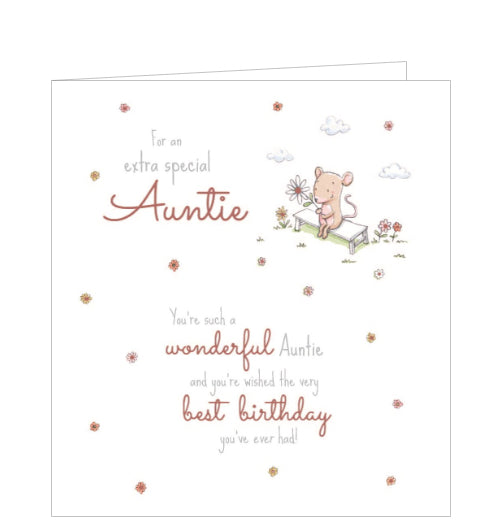 This adorable birthday card for a special aunty is decorated with a little mouse sitting on a bench holding a single flower. The text on the front of the card reads 