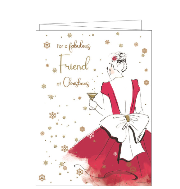 This gorgeous Christmas card for a fabulous friend is decorated with a sketch of a woman in a red party dress, tied with a huge bow at the back. The rest of the card is sprinkled with golden snowflakes. The text on the front of the card reads 