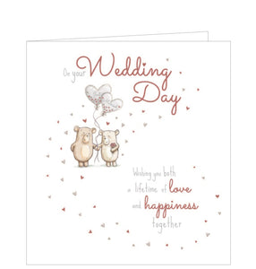 This adorable wedding day card is decorated with two cute little brown bears stand in the middle of a swirl of tiny hearts, holding balloons that read "just married". The text on the front of the card reads "On your Wedding Day...Wishing you both a lifetime of love and happiness together".
