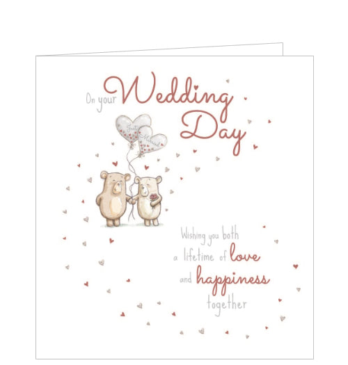 This adorable wedding day card is decorated with two cute little brown bears stand in the middle of a swirl of tiny hearts, holding balloons that read 