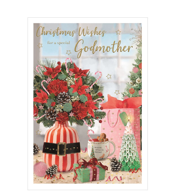 This elegant Christmas card for a special godmother is decorated with a stylish vase filled with a festive red bouquet. Gold text on the front of the card reads 