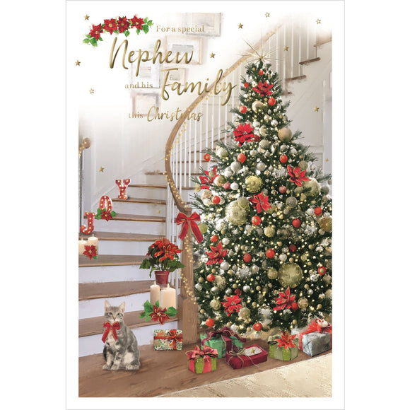 This Christmas card for a special nephew and family is decorated with a scene of a sweeping staircase curving around an exquisite christmas tree. A grey cat with a red bow sits at the bottom of the stairs.

Gold text on the front of this Christmas card reads 