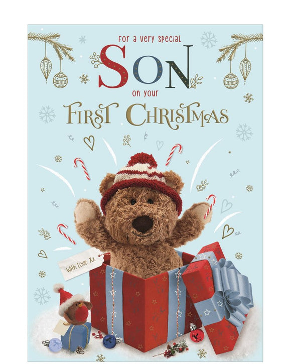 This adorable christmas card to commemorate a special son's very first christmas is decorated with Barley bear, bursting out of a gift box. The caption on the front of the card reads 