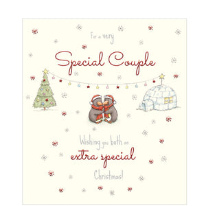 This cute Christmas card for a special couple is decorated with a pair of penguins -in woolly hats and scarves- standing close to each other. There are christmas trees and stylised snowflakes adding further decoration.&nbsp;The text on the front of this christmas card reads "For a very special couple Wishing you both an extra special Christmas".