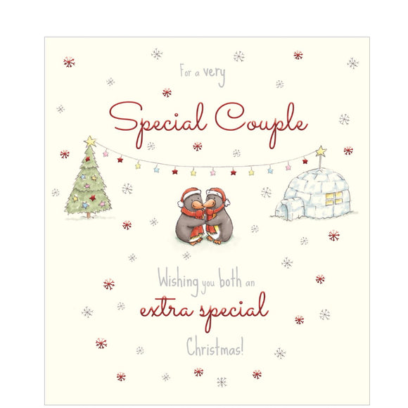 This cute Christmas card for a special couple is decorated with a pair of penguins -in woolly hats and scarves- standing close to each other. There are christmas trees and stylised snowflakes adding further decoration. The text on the front of this christmas card reads 