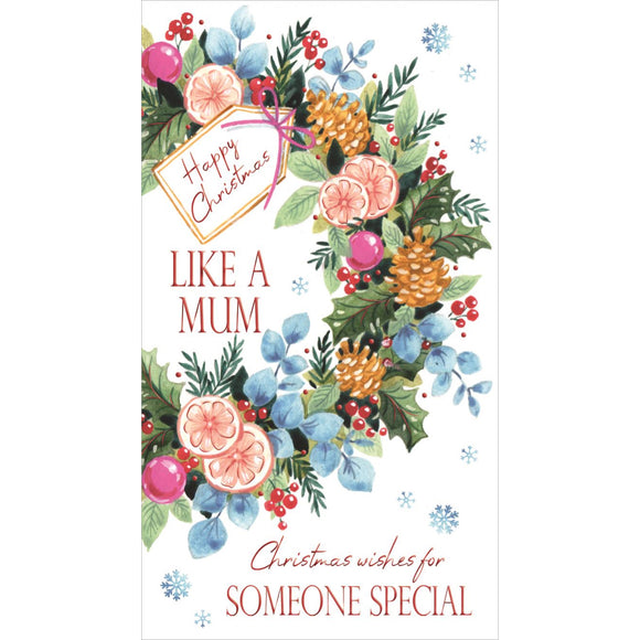 This christmas card for someone special is decorated with a christmas wreath with yellow, pink and blue flowers. The caption on the front of the card reads 