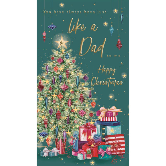 This christmas card for someone special is decorated with a huge christmas tree, topped with a glowing star and surrounded by christmas gifts. Gold text on the front of the card reads 