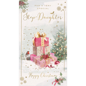 This adorable Christmas card for a special stepdaughter is decorated with a stack of pink and gold Christmas presents. Gold text on the front of the card reads "For a very special Step-Daughter...Happy Christmas".

This Christmas card is sure to warm her heart and make her feel appreciated this holiday season.