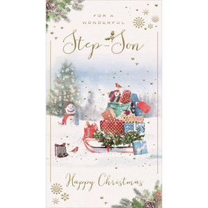 This adorable Christmas card for a special stepson is decorated with a sleigh loaded high with Christmas gifts. Gold text on the front of the card reads "For a wonderful Step-Son...Happy Christmas".