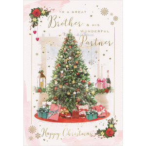 This Christmas card for a special brother and his partner is decorated with an ornate Christmas tree, encircled with beautifully wrapped gifts. Gold text on the front of this Christmas card reads "To a great Brother and his wonderful Partner...Happy Christmas".