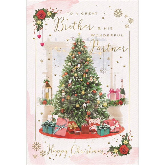 This Christmas card for a special brother and his partner is decorated with an ornate Christmas tree, encircled with beautifully wrapped gifts. Gold text on the front of this Christmas card reads 