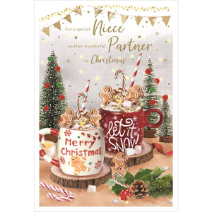 This Christmas card for a special niece and her partner is decorated with two delicious looking hot chocolates - topped with whipped cream, tiny gingerbread men and candy canes. Gold text on the front of this Christmas card reads "For a special Niece and her wonderful Partner at Christmas".