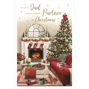 This christmas card for a special dad and partner is decorated with an illustration of a cosy living room ready for christmas - complete with stockings hanging over a roaring fire and a stunning Christmas tree. Gold text on the front of the card reads "For a great Dad and his wonderful Partner at Christmas".