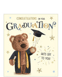 A cute graduation card with Barley Bear throwing his mortar board into the air. Text reads "Congratulations on your Graduation...Hats off ot to You!"