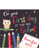 Send positive vibes for their first day at a new school with this fun and uplifting card! Perfect for children starting primary or secondary school, this stylish card features a striking gold metallic owl and a silver notepad with the encouraging message:
“On your first day at your new school...Have Fun 100%”.