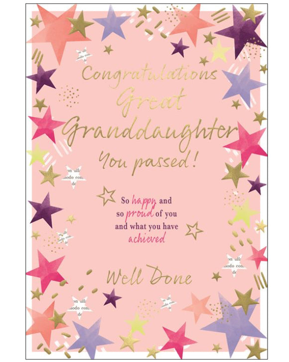 Celebrate your Great-Granddaughter’s exam success with this beautiful and uplifting congratulations card, designed to show just how proud you are. Set against a soft pink background, the card features a vibrant border of bright stars, adding a joyful and celebratory touch. At the centre, a warm and heartfelt message reads “Congratulations Great-Granddaughter...You Passed! So happy and so proud of you and what you have achieved. Well done.”